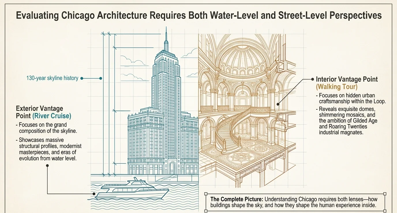 Chicago architecture tours compared: the river cruise shows building exteriors from water level, while the Secret Interiors walking tour reveals the domes, mosaics and staircases inside the same Loop buildings.