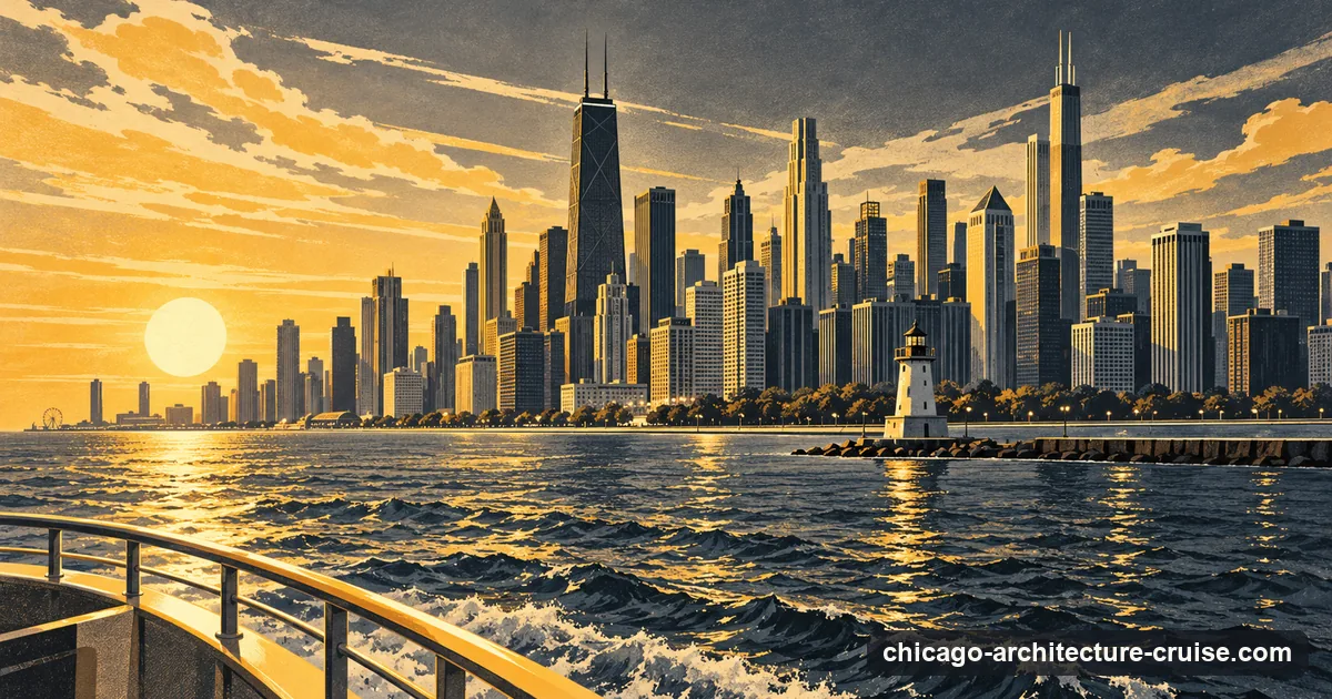 An Art Deco poster-style picture of the Chicago skyline seen from a boat on Lake Michigan