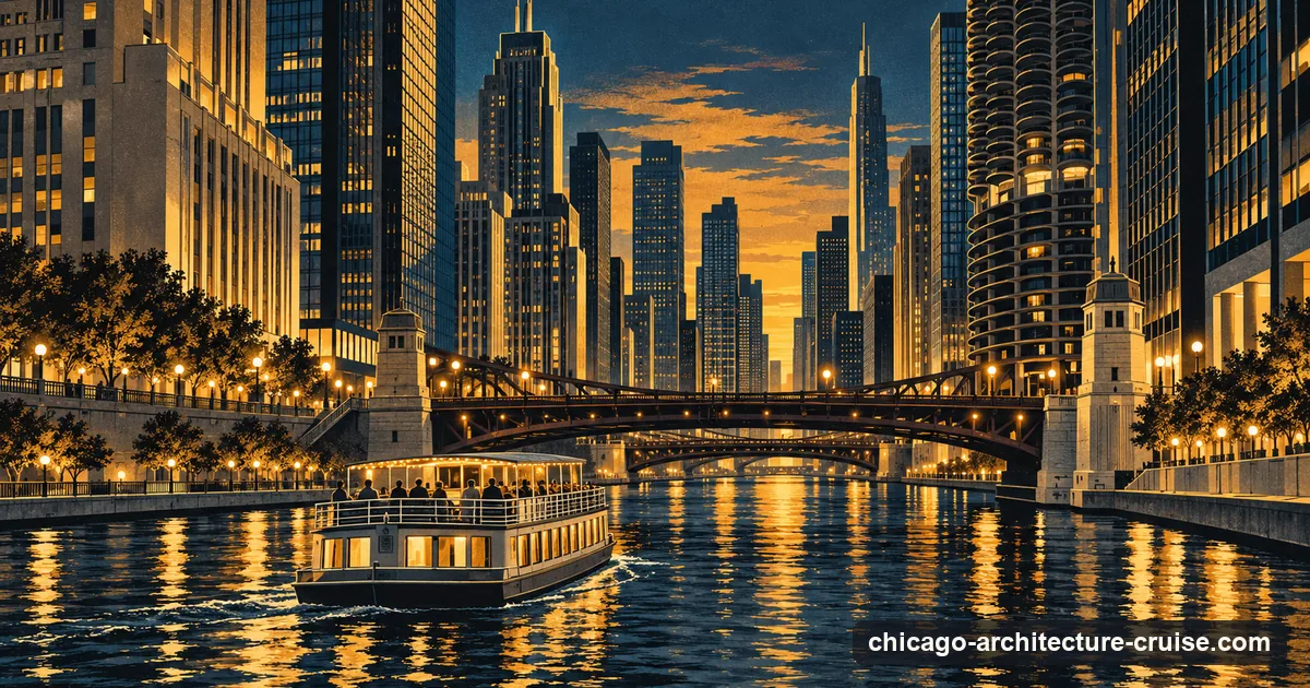 An Art Deco poster-style picture of a cruise boat on the Chicago River at dusk with lit skyscrapers