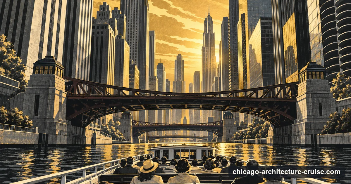 An Art Deco poster-style picture of an architecture cruise boat on the Chicago River passing under bascule bridges