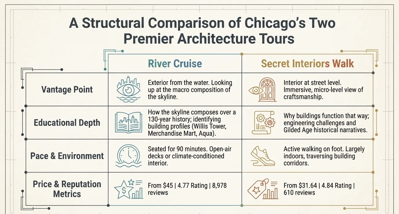 Secret Interiors walking tour versus Chicago architecture river cruise: vantage point, educational depth, pace and environment, and price compared - $31.64 rated 4.84 versus $45 rated 4.77.