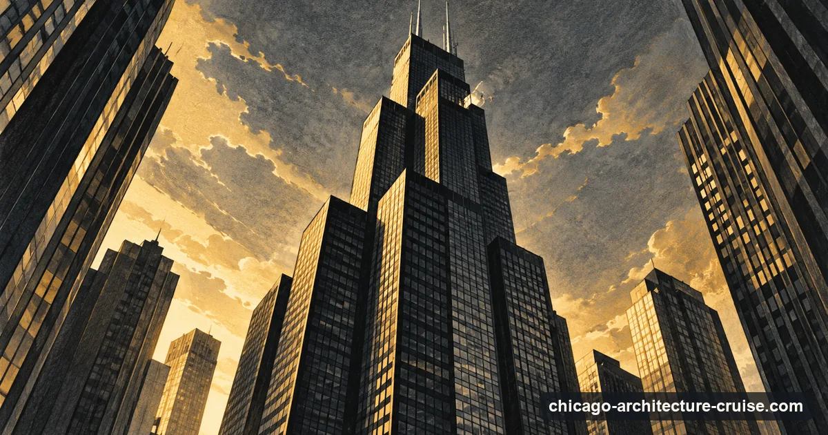 An Art Deco poster-style picture looking up at Willis Tower's stepped black tower from the street
