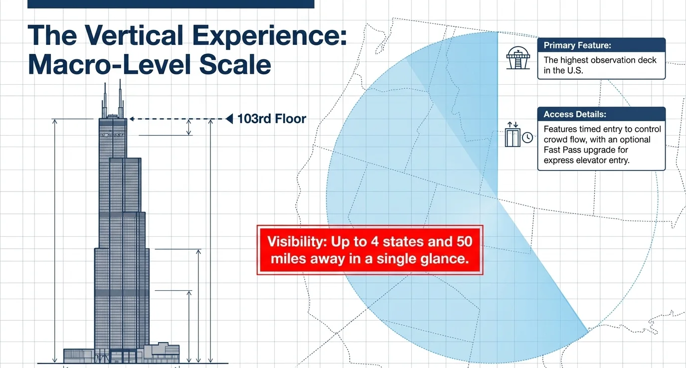 Willis Tower Skydeck height and visibility diagram: the 103rd-floor observation deck, the highest in the United States, with a visibility radius reaching up to 50 miles and four states on a clear day.