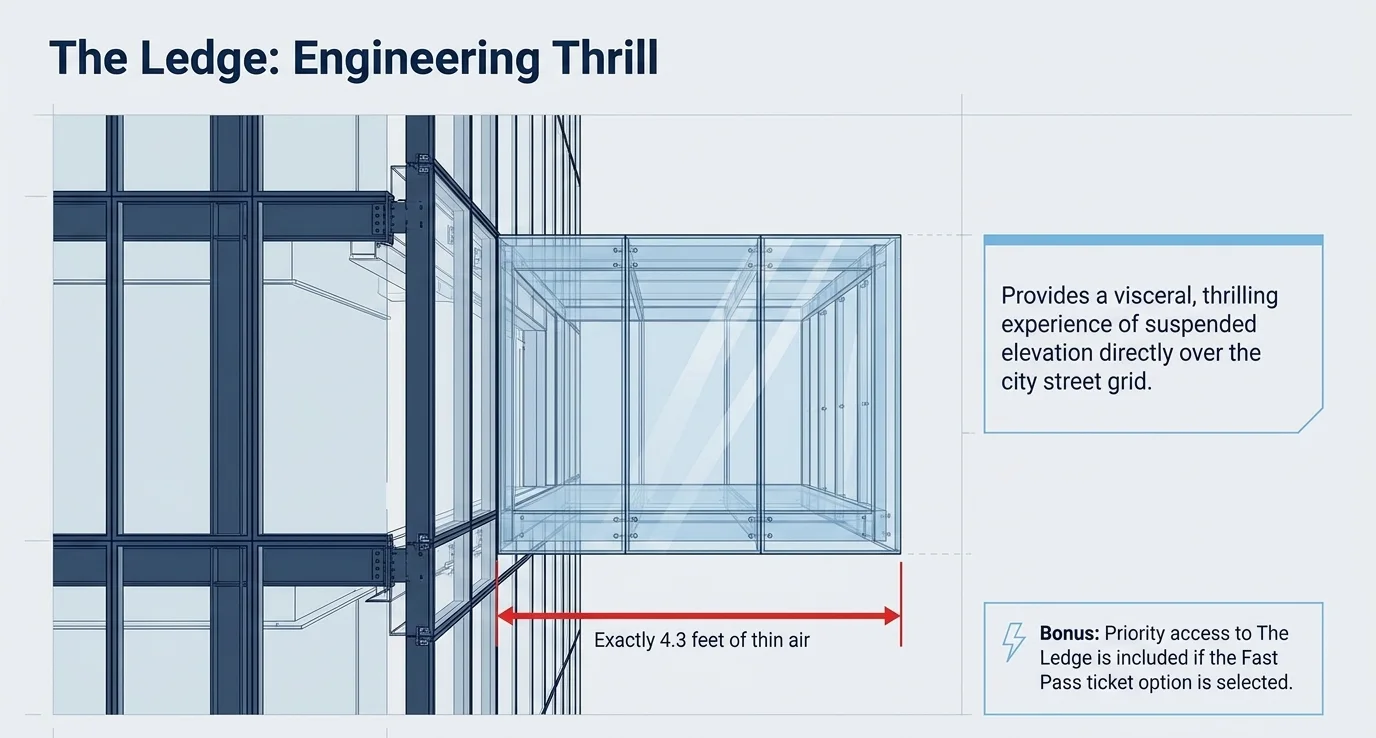 Willis Tower The Ledge diagram: glass balconies cantilevering exactly 4.3 feet out from the 103rd-floor tower face, suspended over the Chicago street grid.