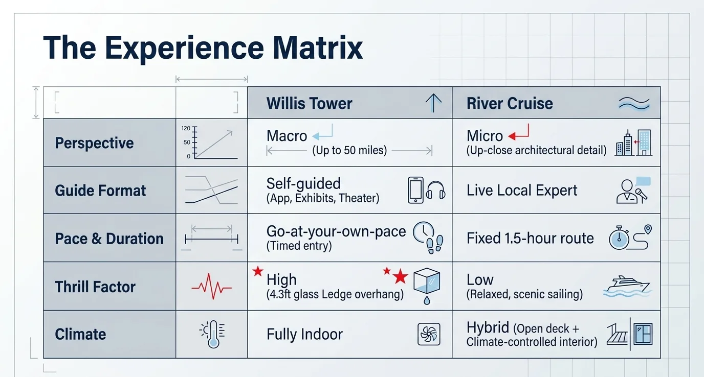 Willis Tower Skydeck vs Chicago architecture river cruise comparison: macro versus micro perspective, self-guided versus live local expert, pace, thrill factor and indoor versus open-deck climate.